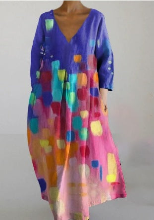 Women's Loose Round Neck Fashion Printed V-neck Dress