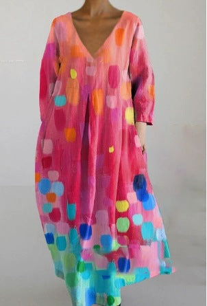 Women's Loose Round Neck Fashion Printed V-neck Dress