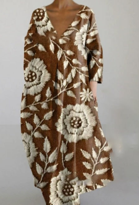 Women's Loose Round Neck Fashion Printed V-neck Dress