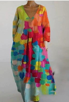 Women's Loose Round Neck Fashion Printed V-neck Dress