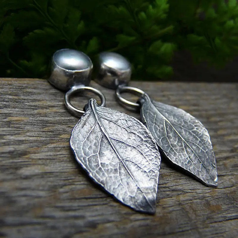 Retro Famous Ethnic Style Natural Gray Leaves Distressed Earrings