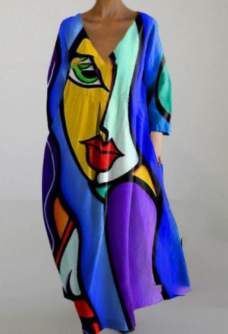 Women's Loose Round Neck Fashion Printed V-neck Dress