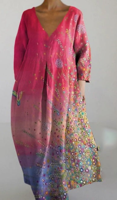 Women's Loose Round Neck Fashion Printed V-neck Dress