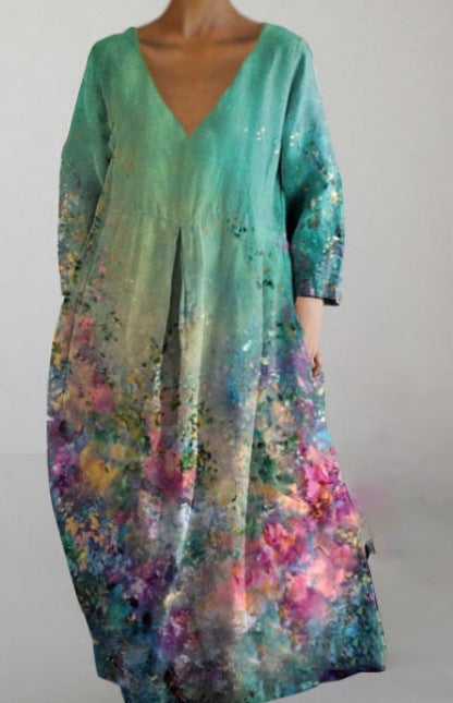 Women's Loose Round Neck Fashion Printed V-neck Dress
