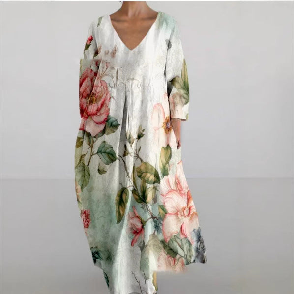 Women's Loose Round Neck Fashion Printed V-neck Dress
