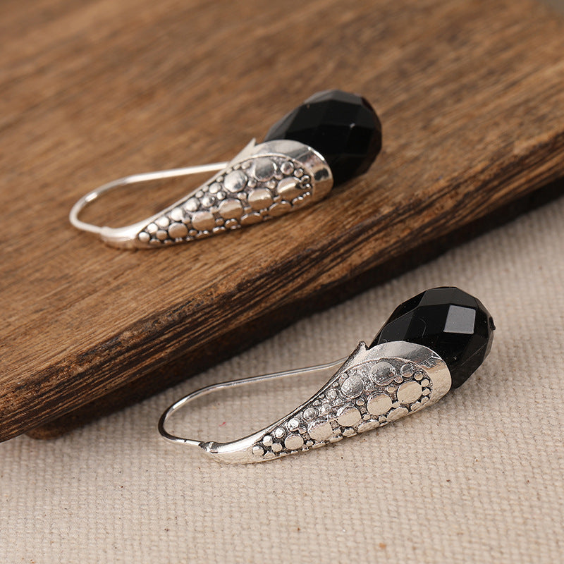 Creative Vintage Metal Carved Water Drop Black Stone Earrings