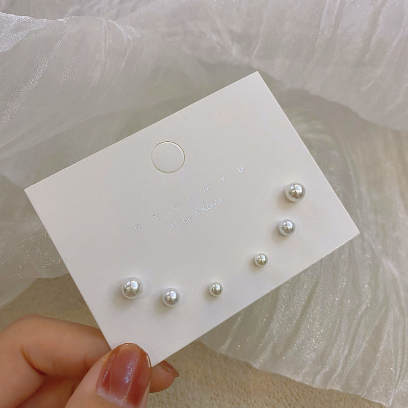 Gentle Temperament Perfect Circle Pearl Earings Set Mini Women