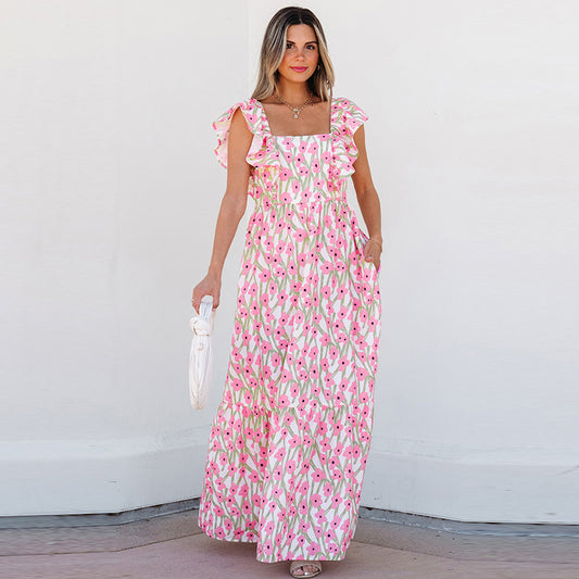 Women's Casual All-match Floral High Waist Square Collar Dress