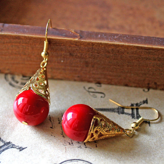 Golden Petal-shaped Turquoise Red Earrings