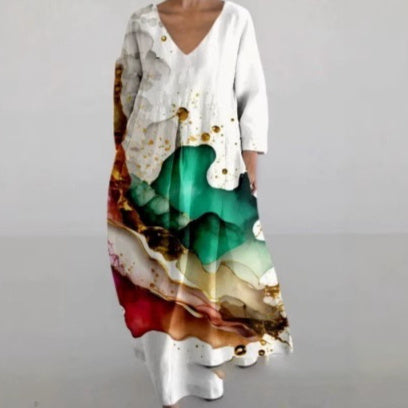 Women's Loose Round Neck Fashion Printed V-neck Dress