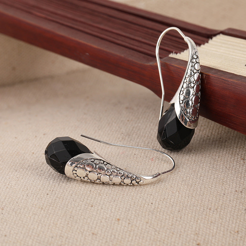 Creative Vintage Metal Carved Water Drop Black Stone Earrings
