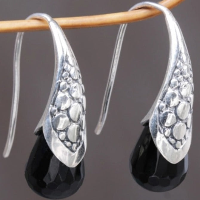 Creative Vintage Metal Carved Water Drop Black Stone Earrings