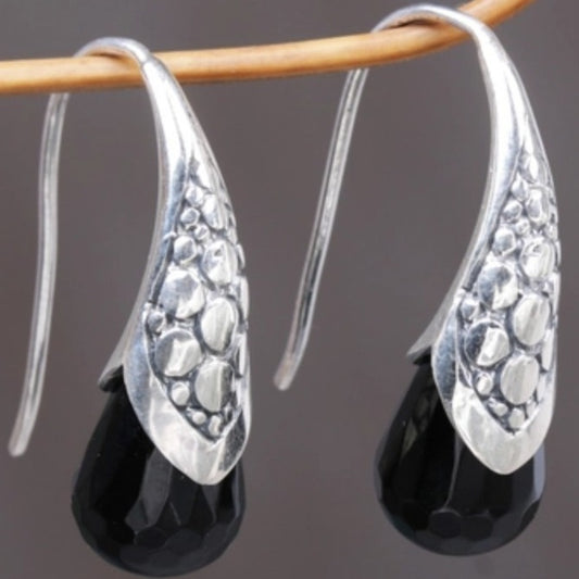 Creative Vintage Metal Carved Water Drop Black Stone Earrings