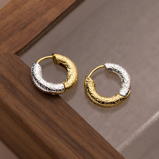 Two-color Concave-convex Texture Gold And Silver Contrast Color Earrings