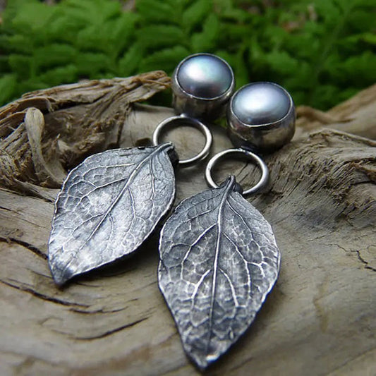 Retro Famous Ethnic Style Natural Gray Leaves Distressed Earrings
