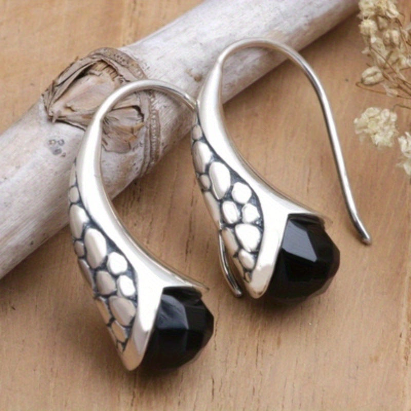 Creative Vintage Metal Carved Water Drop Black Stone Earrings