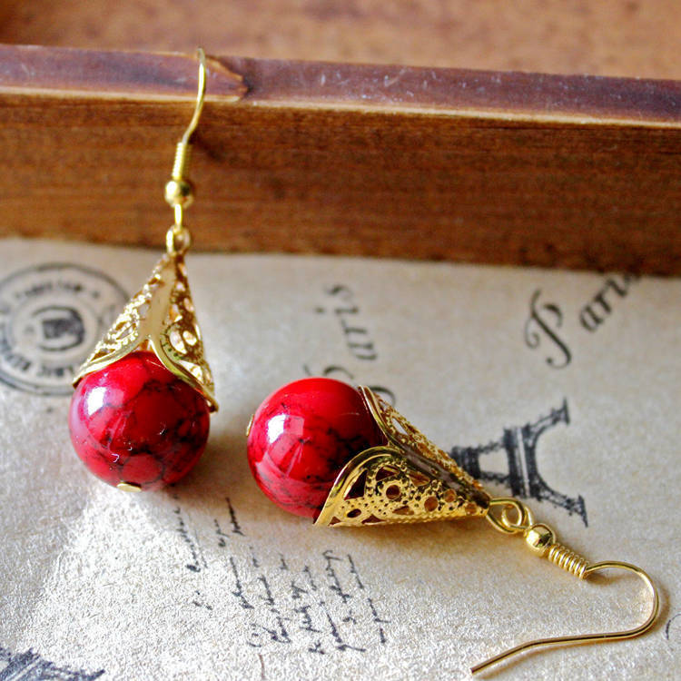 Golden Petal-shaped Turquoise Red Earrings