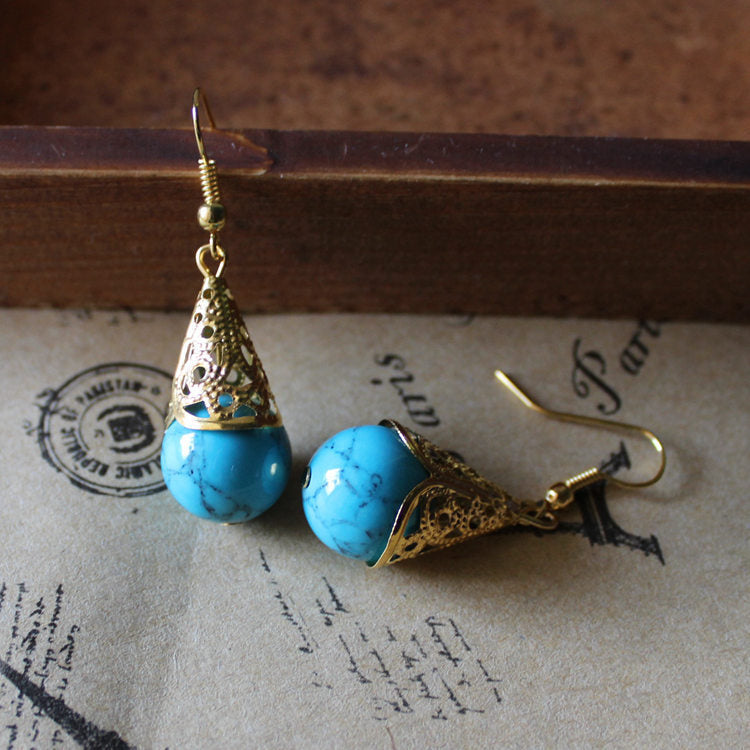 Golden Petal-shaped Turquoise Red Earrings